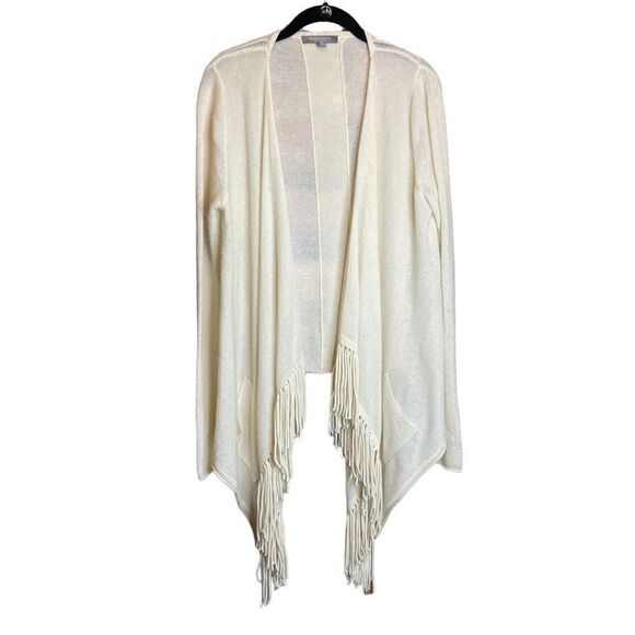 Neiman Marcus Cream 100% Cashmere Fringe Hem Sweater Cardigan Large - Picture 1 of 8